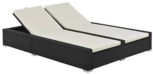 Tidyard Doppel Sonnenliege mit Auflage Doppelliege Gartenliege Relaxliege Strandliege Freizeitliege Liege Gartenmöbel Rattanmöbel Poly Rattan Schwarz & Cremeweiß
