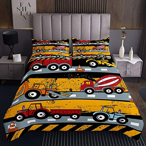 Juego de edredón para niños con Dibujos Animados y carros para Excavadora de Camiones para niños y niñas, Color Rojo, Amarillo, para vehículos, Colcha, Estilo automovilístico, Acolchado 3 Piezas,