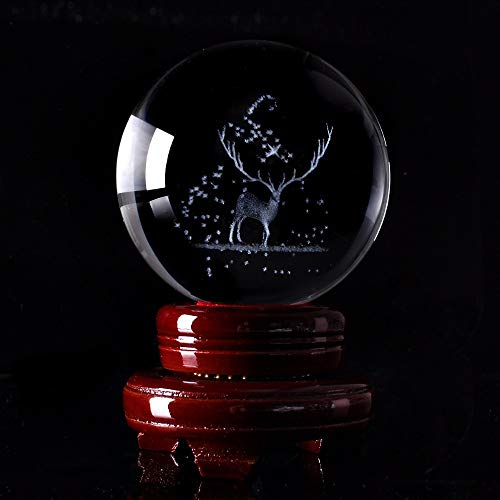 caihuashopping Fotokugel 3,15 Zoll 3D elk kristall Kugel Laser graviert Tier Glas kugelkugel Miniatur Modell wohnkultur Geschenk Ornament Glaskugel Fotografie (Color : with Wooden Base, Size : 80mm)