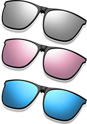 Frienda 3 Pair Oversize Clip-on Sunglasses Large TR90 Frame Flip up Driving Glasses for Women Men(Blue, Pink, Silver)