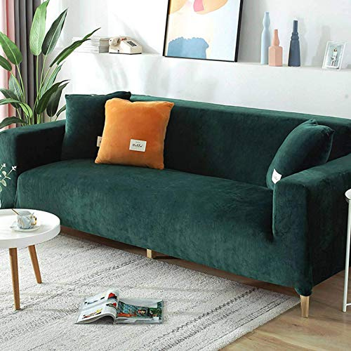 Samt-Sofabezug für 2-, 3-, 4-Sitzer, weicher Plüsch-Sofaschutz, Stretchbezug für Sofa und Armlehnen, wasserabweisend, Möbelschutz, Dunkelgrün, 2-Sitzer, 140-170 cm