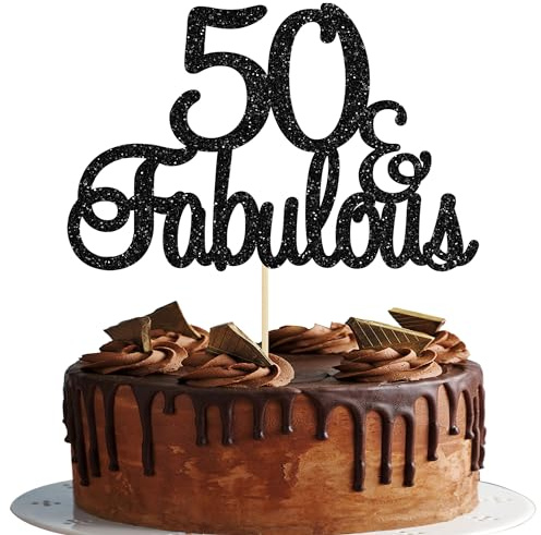 Gyufise 3Pcs 50 & Fabulous Cake Toppers Black 50 Birthday Anniversary Cake Toppers for 50 Birthday Anniversary Party Decorations Happy 50th Birthday Cake Decorations Supplies