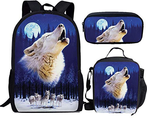 Binienty Modische Schultasche 3-in-1 für Kinder, Jungen, Mädchen, Rucksack + Lunch-Tasche + Federmäppchen, Moon Wolf, Einheitsgröße,