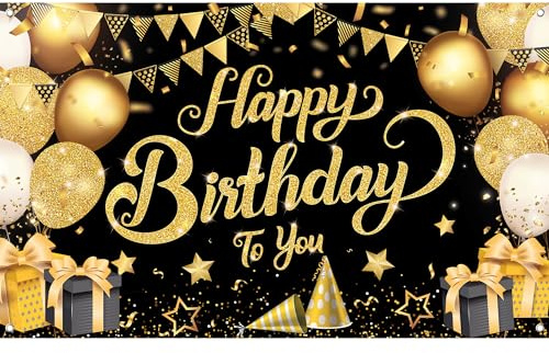 KatchO Schwarz-goldenes „Happy-Birthday“-Banner/Schild, Hintergrundbanner für „Happy-Birthday“-Dekorationen, Partydekorationen für Männer und Frauen, XL, 182,9 x 111,8 cm