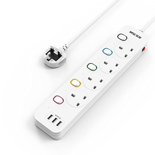 Mscien 3M Extension Lead with USB Slots, 4 Way 3 USB Extension Socket with Individual Switches Mountable Overload Protection Power Strips with 3Metre Extension cable 3250W