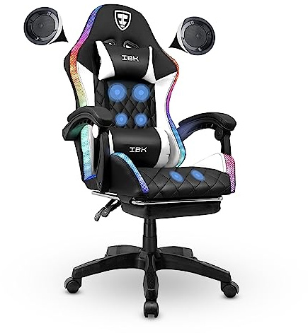 IBK Sedia da Gaming professionale, similpelle, massaggiante, supporto lombare, Led RGB, casse bluetooth, regolabile in altezza, schienale reclinabile, pistone a gas classe 3, Ufficio PC (Bianco)