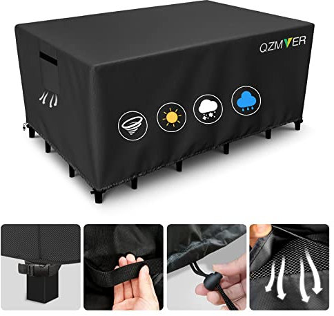 QZMVER Garden Furniture Covers Waterproof, Heavy Duty 600D Oxford Furniture Set Covers, Anti-UV Square Garden Table Cover, Windproof Outdoor Table Cover with Air Vent,250x210x90cm-Black