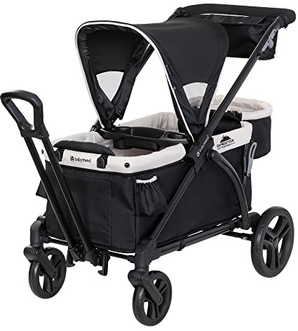 Baby Trend Expedition 2-in-1 Collapsible Stroller Wagon Plus with Canopy, Storage Basket, 2 Storage Trays, and 6 Bottle Holders, Modern Khaki