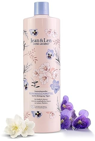 Jean & Len Faserschonendes Feinwaschmittel Wolle & Feines Veilchen & Jasmin, schützt empfindliche Fasern vorm tiefen Eindringen neuer Flecken, Feinwaschmittel flüssig, ohne Mikroplastik, vegan, 1 L