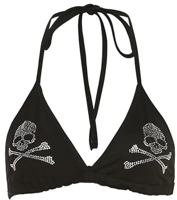 JasmyGirls Damen Totenkopf Muster Triangel Tanga Sexy 2 Stück Bikini Badeanzug Festival Rave Outfits Strass BH Top