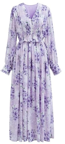 CHICWISH Women's Orange/Lilac/Black V-Neck Delicate Floral Print Buttons Shirred Chiffon Slit Maxi Dress, Lilac, S