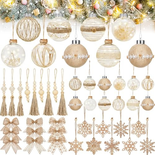 RoundFunny 44-teiliges rustikales Boho-Weihnachtsdekor-Set, Boho-Weihnachtsbaum-Hängedekorationen, rustikale Heimdekoration, Holz-Weihnachtsschmuck, neutrale Weihnachtsschmuck für Zuhause, Party,