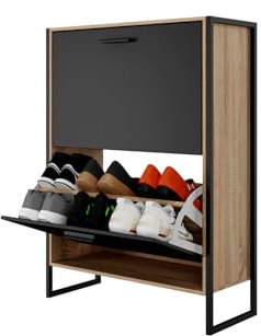 Organize ORGANIZE Schuhschrank für Industrie,12 Paar – Schuhschrank,Aufbewahrung für Eingang,große Kapazität,platzsparend,Eingangsbereich,schwarze Türen,Rahmen aus hellem Holz – Französisches