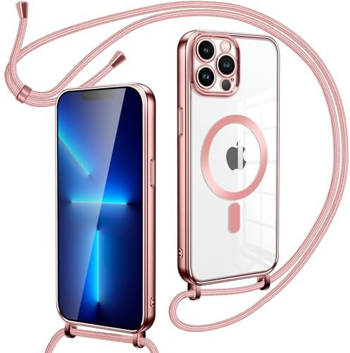 Oelrstfe Magnetische handyband mit Band für iPhone 13 Pro Max Hülle - Necklace HandyHülle Transparente zum Umhängen mit justierbarer und Abnehmbarer Kette, Crossbody Magnet Clear Cover - Rose-Gold