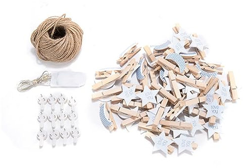 Zerodeko Lot de 50 Mini Pinces à Linge en Bois Forme Étoile Et Lune, Pinces à Papier Photo Robustes, Ficelle 10 M, Crochets Anti-Traces, Décoration Maison Suspendre Photos