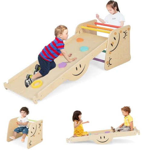 COSTWAY 6 en 1 Juego de Escalador de Madera con Rampa Reversible, Balancín, Taburete de Altura Ajustable, Escalera de Escalada, Patrones de Cara Sonriente, Estructura de Escalada para Niños de 3+ Años
