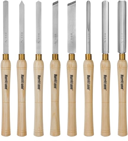 HURRICANE 8pc Wood Lathe Chisel Set, M2 HSS Wood Turning Tools with 10 Solid Hardwood Handles, Lathe Tool Kit for Beginners and DIY Hobbyists, Includes Protective Wooden Box