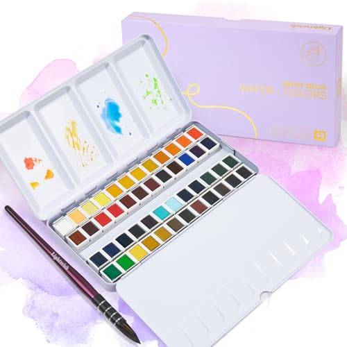 LIGHTWISH Aquarellfarben Set 48 Farben in Tragbarer Box, Mit Pinsel, Aquarellpapier und Mit Palette, Reise-Aquarell-Set für Künstler, Hobbymaler und Malerei-Liebhaber