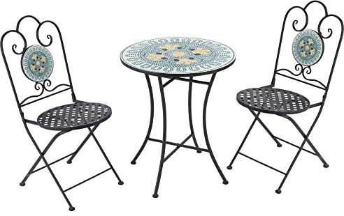 Outsunny 3 Stück Mosaik-Garten-Set, runder Tisch für draußen mit 2 Metall-Klappstühlen, grün