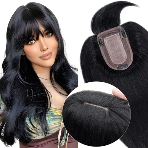 Elailite Hair Topper Echthaar mit langem Pony #1 Schwarz, 40cm Clip in Haarteil Toupet Damen Haartopper Basis 7x13cm 48g