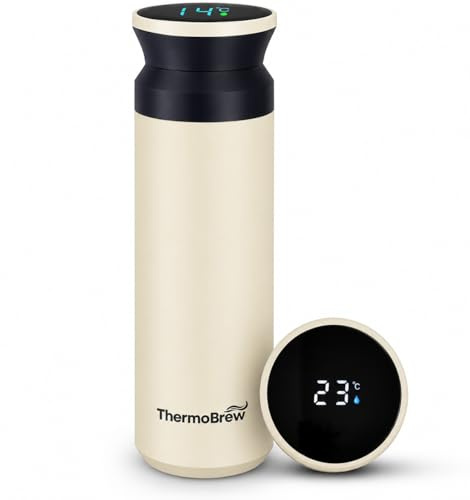 THERMOBREW Insulated Stainless Steel Hot Water Flask Thermal Water Bottle for Baby Bottles and Hot Drinks Insulated Coffe Mug Flask with Tempereture Display 500ML (Magnolia)