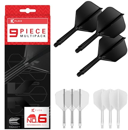 Target Darts K-Flex Integrated Dart Flights and Shafts, No.6, Kflex 9 Pack Bundle, K Flex 3 Colours | Black, White, Clear, Red, Green, Blue, Pink, Orange, Yellow | Short, Intermediate, Medium