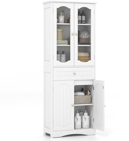 RELAX4LIFE Tall Bathroom Cabinet, Freestanding High Floor Cabinet Tallboy Unit with Tempered Glass Doors, Adjustable Shelves and Drawer, Wooden Narrow Storage Cupboard Organizer (White)