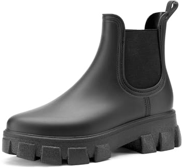DREAM PAIRS Damen Gummistiefel kurze Chelsea Regenstiefel mit dicker Sohle,Size 40,Schwarz,DWUMRB2501
