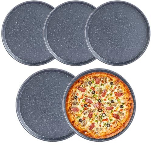 YAYODS 5PCS Non Stick Pizza Tray, 12 Inch Non-Stick Oven Baking Pan for Pizzas, Carbon Steel Round Pizza Baking Pan, Oven Safe (29x29x1.5CM)