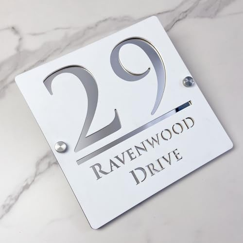 Panneau de numéro de maison suspendu creux 3D acrylique personnalisé avec nom de rue Source moderne | Panneau d'adresse de magasin Plaque de porte (Blanc & Argent)