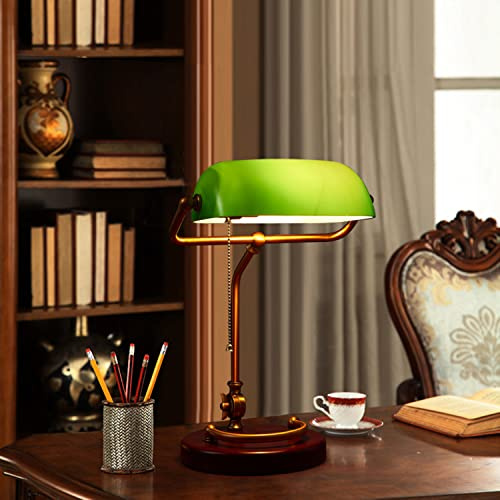 Lampe banquier vintage verte avec interrupteur à tirer, lampe de bureau rétro avec finition en laiton, abat-jour en verre vert nostalgique, base en bois, lampe de chevet et de bureau E27 réglable
