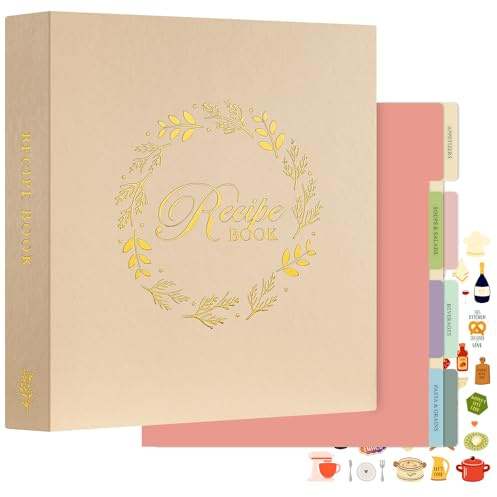Lanpn Rezepte Ordner 3 Ringen für Kochrezepte, DIY Kochbuch Selbst Schreiben, Rezeptbuch zum Selberschreiben, Recipe Binder Rezeptordner mit 8 Trennblättern und 2 Aufklebern, Hafer, Englisch