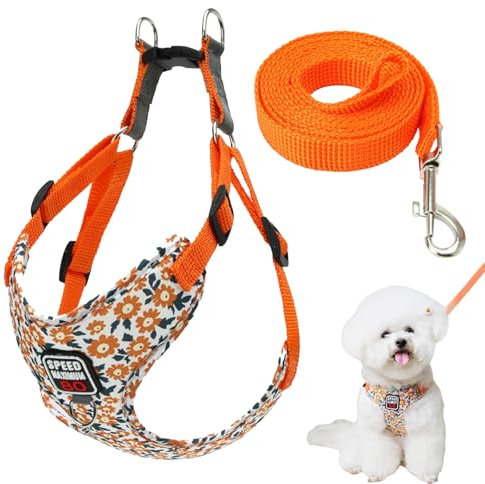 FOSDICK Hundegeschirr mit Leine Set, Verstellbare Welpengeschirr, No Pull Brustgeschirr Hund, Anti Zug Hundegeschirre, Weich Atmungsaktiv Geschirr Hund für Kleine Mittelgroße Hunde, Orange Blume, L