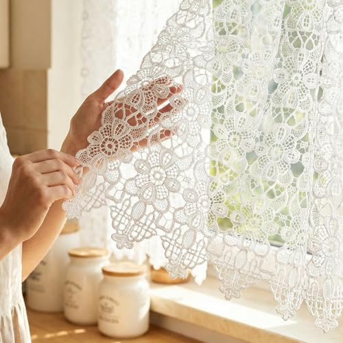 Molaxhome Spitze Scheibengardinen Kurzstores Jacquard Küchengardinen 150x60 | Halbtransparent Küchengardinen, Bistrogardine Fenstervorhang, Küche Vorhänge, Fensterschal mit Kante,Spitze Valance