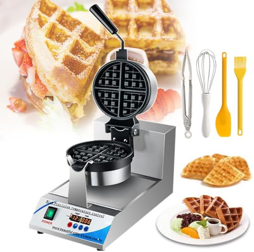 lilishangmao Gofrera Eléctrica De 1200 W | Gofrera Giratoria Antiadherente - Rotación De 180°, Gofre Redondo De 3 Cm De Grosor, Carcasa De Acero Inoxidable, Uso Comercial Y Doméstico, para Desayunos