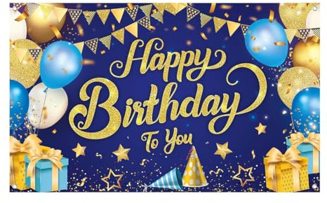 Geburtstag Partydeko Happy Birthday Banner 180x110 cm Blau und Gold Geburtstag Hintergrund, Geburtstagsdeko für Jungen Männer Fotografie Partydekoration
