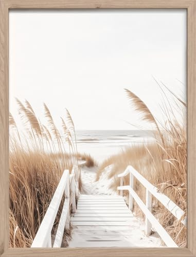 STYLER Wandbild Serenity 30 x 40 cm – Strandsteg mit Dünengras – Hochwertiger Offsetdruck im Holzrahmen