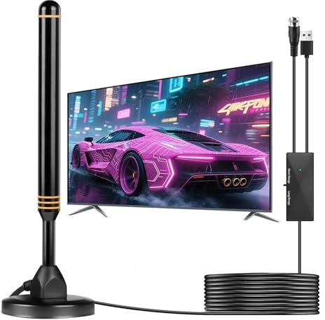 Digital HD TV Aerial Indoor- Freeview Aerial with Signal Booster 980+ Miles Range 360° Reception, Strong Magnetic Base for Easy Setup, Support 4K/1080P Smart TV Aerial, 16ft Coax Cable