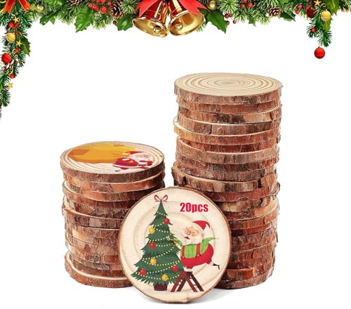 20 Pezzi Dischi Legno Senza Buco, Fette Di Legno Con Corteccia, Diametro 7-8 cm, Base Tronco da Decorare, Dischetti Legno Grezzo Per Pirografo, Decorativi Natale