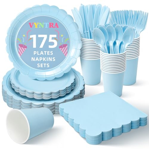 Vyntra 175 Pcs Light Blue Paper Plates and Napkins Party Supplies