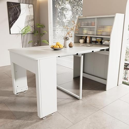 LORISMAI Ausziehbarer Esstisch, L52/132.5*B80*H76cm, Einweg-Ausziehtisch, Esszimmer-Stauschrank,Weiß
