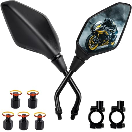 Retrovisores Moto Homologados E24, 1Par Espejo Universal Para Moto con Abrazadera 7/8 y Roscas 8mm/ 10mm, Espejos Laterales para Motocicletas, Scooters, Ciclomotor, Quads, ATV/ MT0