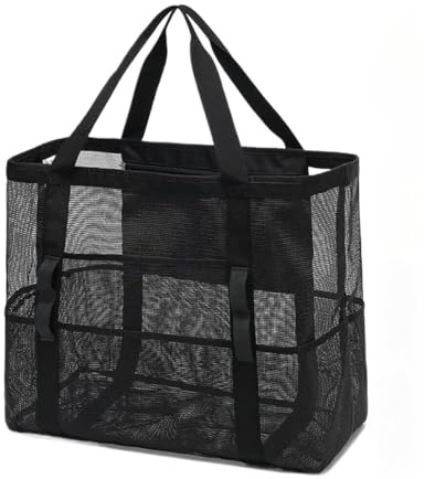 Oreilet Mesh Beach Bag, Large Family Pool Swim Bag with Zippered Pocket for Toys Vacation Essentials Beach Towels Sunglasses (Black)