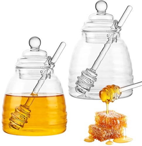 LDXDRU 2er Honiggläser mit Löffel, Honigtopf mit Löffel 500 ml Honigspender Honigglas mit Deckel, Honigbehälter Honigdose Honigvorratsglas Zum Servieren von Honig und Sirup
