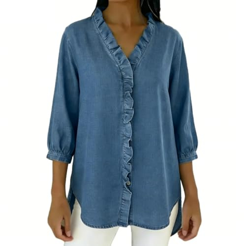 Chemise décontractée en jean à col en V pour femme, manches 3/4, chemises en coton et lin, chemisiers en jean à bord 2026