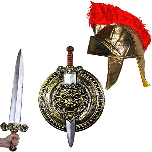 GLADIATOREN RÖMER KÄMPFER VARIATIONEN KOSTÜME VERKLEIDUNG +ZUBEHÖR FÜR PAARE = FÜR FILM FERNSEH THEMEN FASCHING KARNEVAL KRIEGER PARTY=GOLDENES SCHILD+SCHWERT + WEICHE GLADIATOR KAPPE
