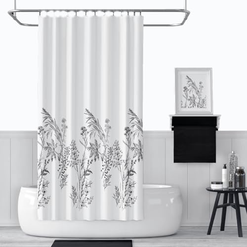 Ekershop Duschvorhang aus Stoff Heide Weiß Schwarz Textil in der Größe 120 cm Breit x 200 cm Hoch inkl. Ringe