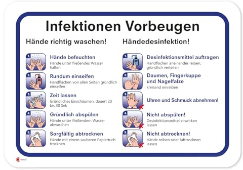 iSecur Anleitung Hände waschen desinfizieren Schild 30 x 20 cm - hin603 | Schritt-für-Schritt Anleitung zur Vorbeugung von Infektionen, Handdesinfektion, Hygienemaßnahmen, Aushang, Beschilderung