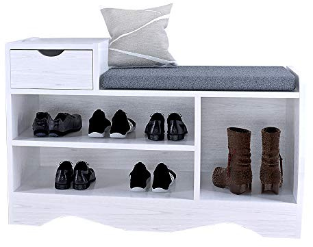 Schuhbank mit Sitzkissen Schuhregal mit Schublade Sitzbank Flur Schuhablage Schuhkommode Lowboard Garderobe Möbel Rack Kissen Polster Flurschrank-Organizer für Eingangsflur und Wohnzimmer (Weiß)
