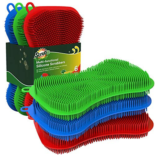 6 Pack Silicone Scrubbing Sponge by SCRUBIT - Real Silicon Non Scratch & Non Smell Kitchen Scrubber Pad for Dishes, Fruit, Vegetable - Reusable Cleaning Sponges - Multi-Colored Pads [Red, Green, Blue]